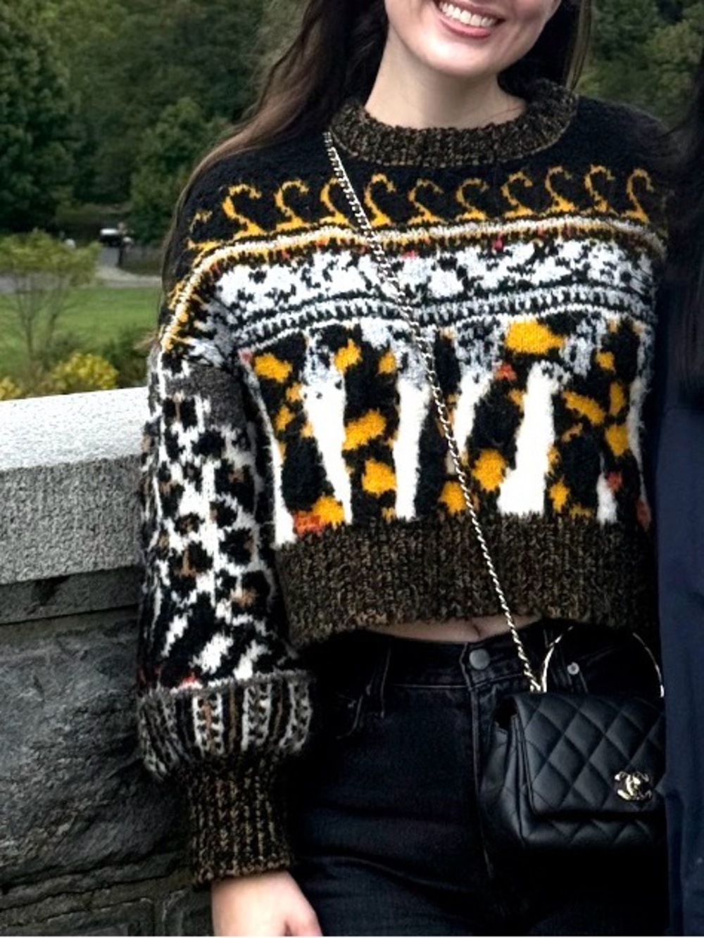 Anthropologie Cropped Fair Isle Crew Sweater in Black, White & Mustard